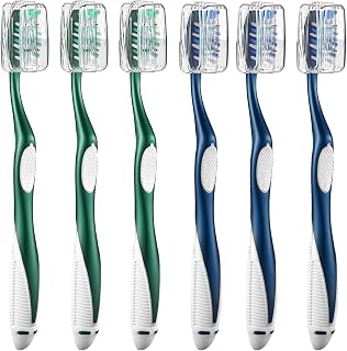 Extra Firm Toothbrushes with Covers for Adults, Cross Extra Hard Bristles, with Built in Tongue Scraper, 6 Count