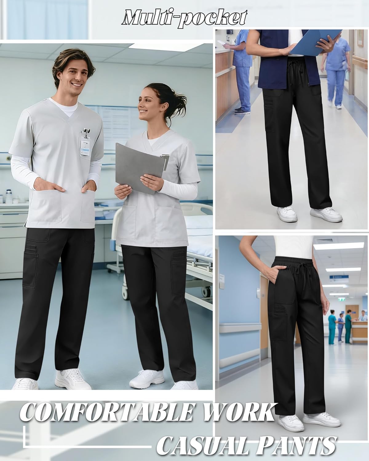 2 Pack Scrub Pants Straight Leg for Women Nurse Cargo Pants Lightweight Mid Rise Trousers 4 Pockets and Pen Slots