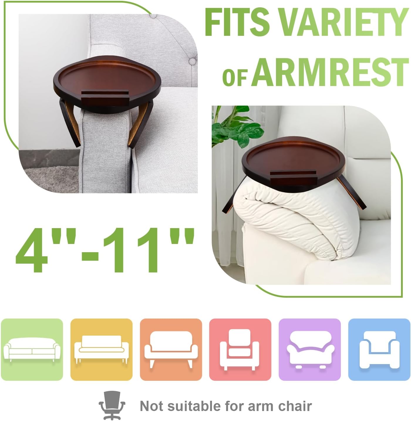 Couch Cup Holder Tray - 3 in 1 Sofa Arm Tray with 360° Rotating Cup Holder & Phone Stand with Round Couch Arm Table Tray Perfect for Living Room Home