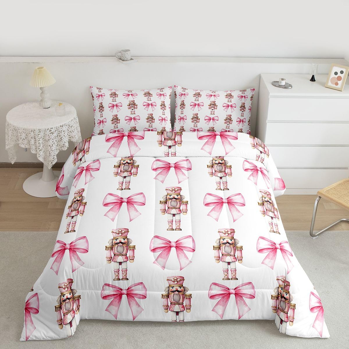 Cute Bowknot Kids Comforter Set Queen Size,Merry Christmas Nutcracker Bedding Set,Girls Boys Room Decor,Winter Xmas Holiday Fashion Quilt Comforter,Pink White Duvet Set Bedroom Quilt Set,2 Pillowcases