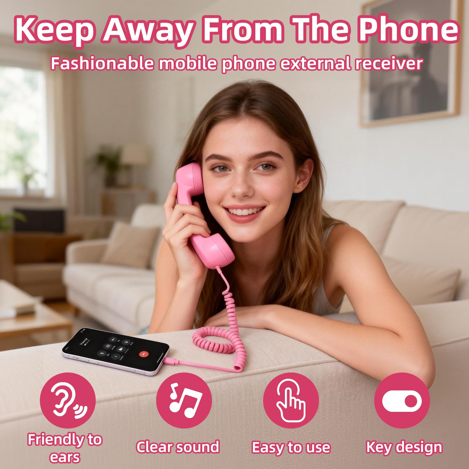 Retro Phone Handset for iPhone & Android, 2026 New Type-C Wired Receiver with Microphone & Speaker, Vintage Landline Style Handle for Noise Cancelling Calls, Meetings, and Home Office Desk Use (Pink) - 3