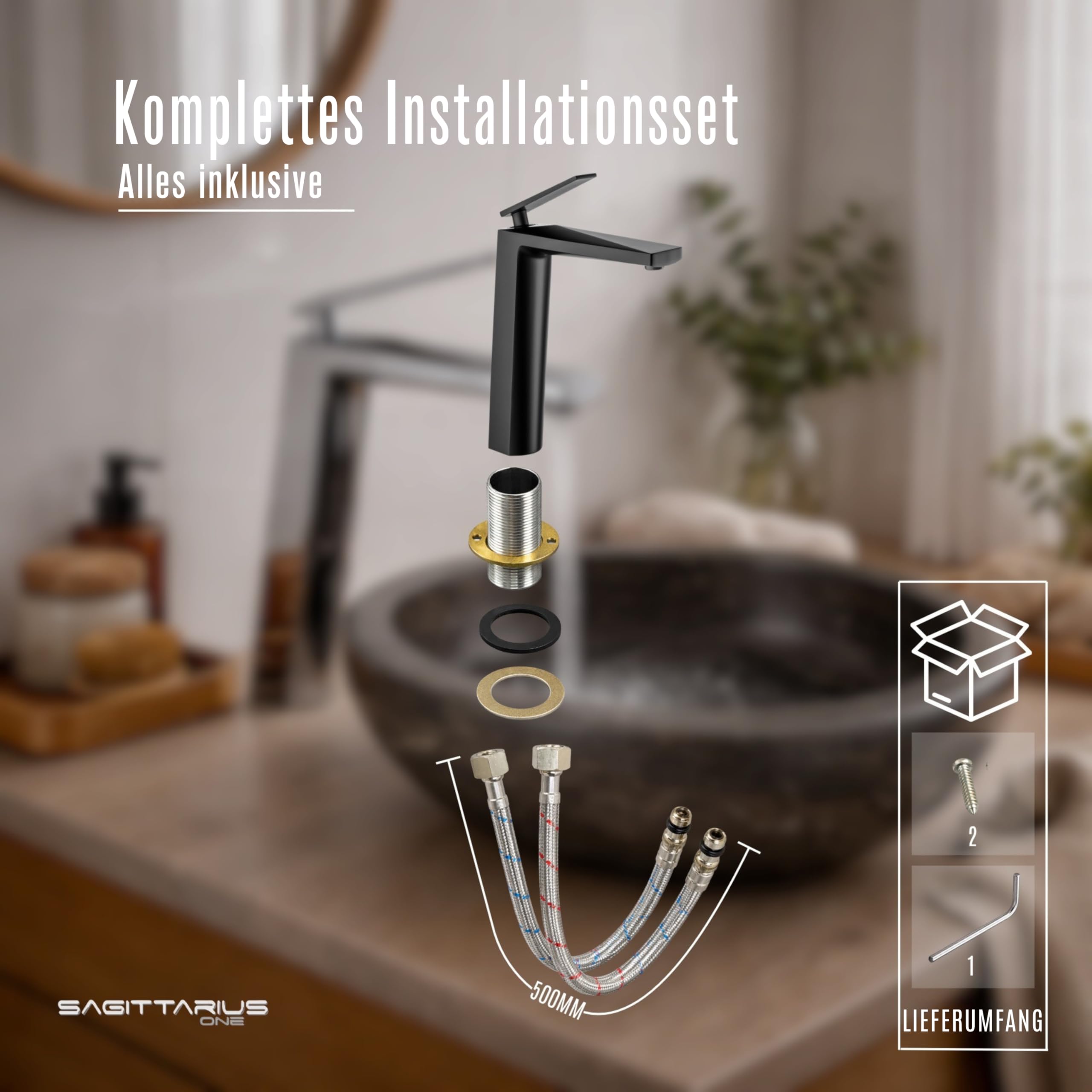 44S1-B Wasserhahn Bad Schwarz Matt | Design Waschtischarmatur Hoch aus Messing | Badezimmer Wasserhahn Wassersparend | Armatur Waschbecken mit Keramikkartusche | Badarmatur Schwarz | Design Waschtischarmatur Hoch Aus Messing, Badezimmer Wasserhahn, Schwar