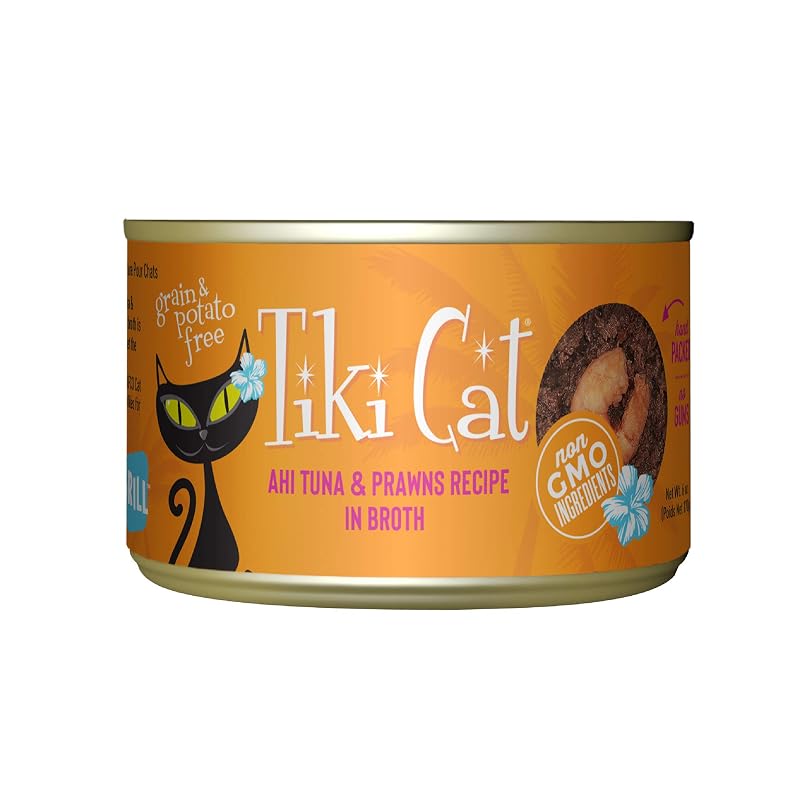 Ração úmida para gatos Tiki Cat Grill com Atum Ahi e Camarões, Sem Grãos, 8 Latas de 170 g