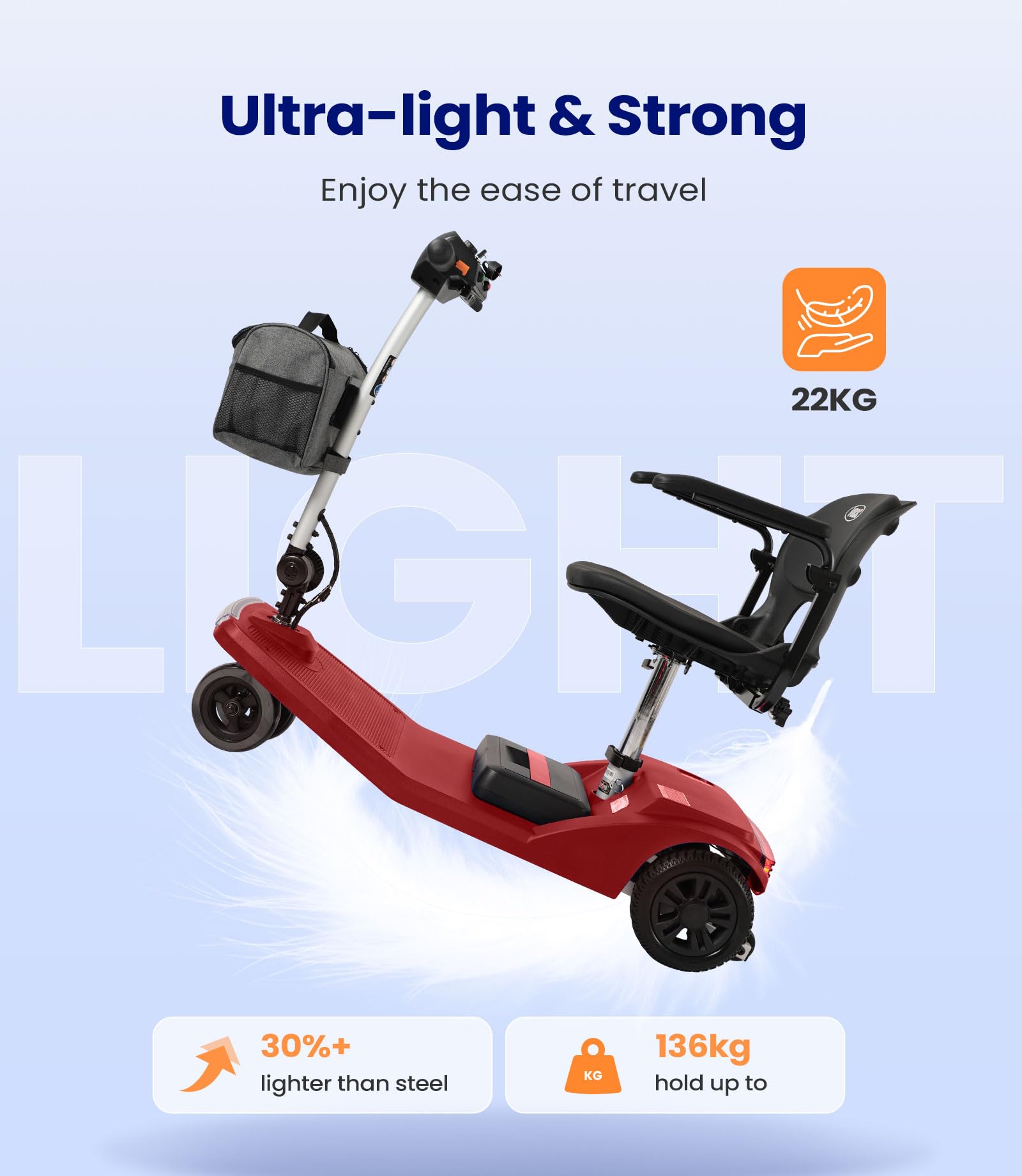 VOCIC D50 Scooter de movilidad de 3 ruedas ultraligero(22KG),Movilidad scooter 136KG plegable para personas mayores de alcance de 25KM para todo terreno con lona,apoyo de 5 años| Rojo