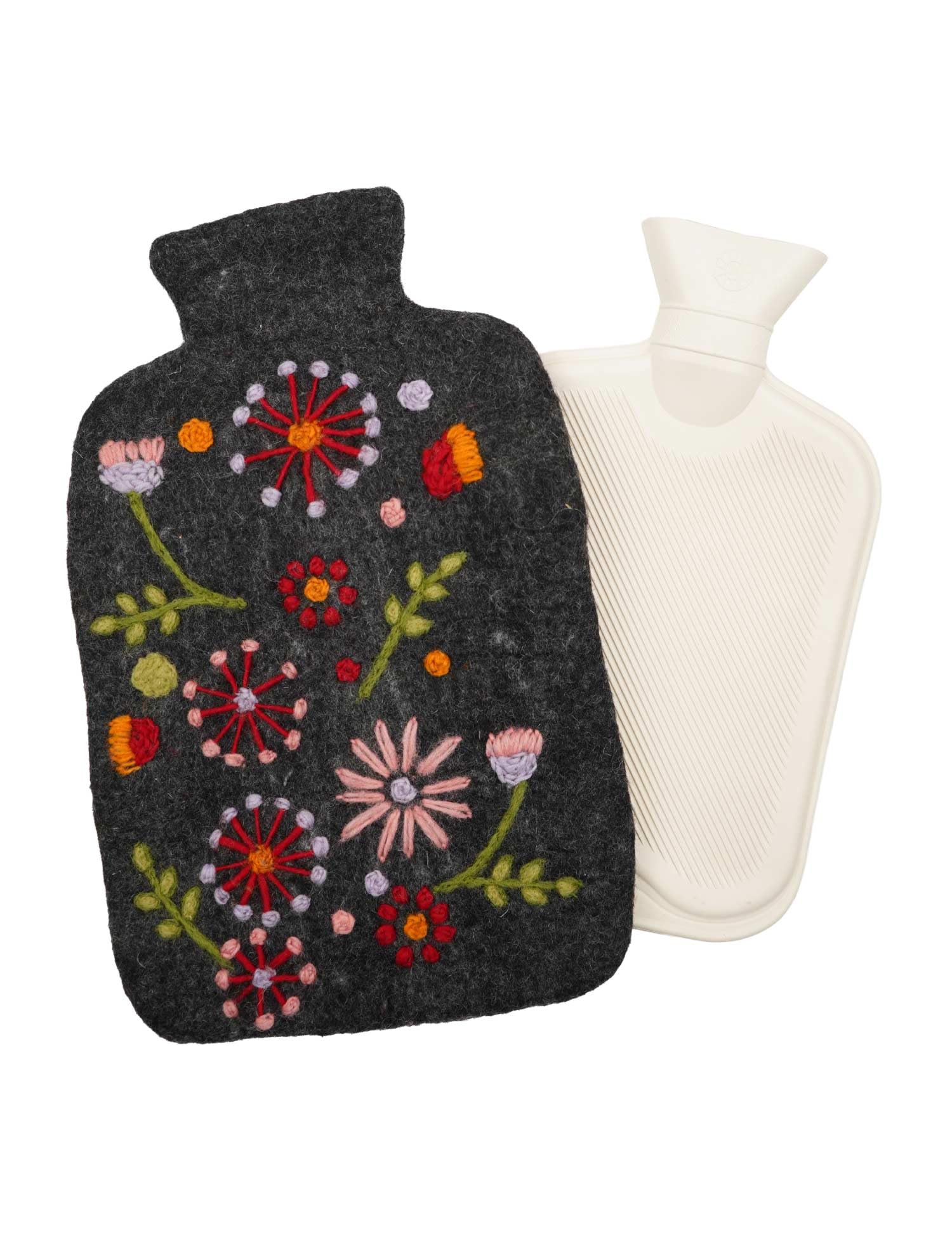 Pachamama Bouillotte 100 % feutrée à la main et bouillotte de 2 litres – Broderie de fleurs multicolores faites à la main Commerce équitable Multicolore Thermique