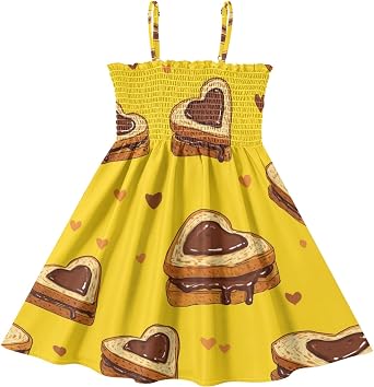 Pigsaly Girls Summer Dresses Grunge Toast Sandwiches Heart Chocolate Summer Spaghetti Strap Dresses A-Line Sundress 2Y