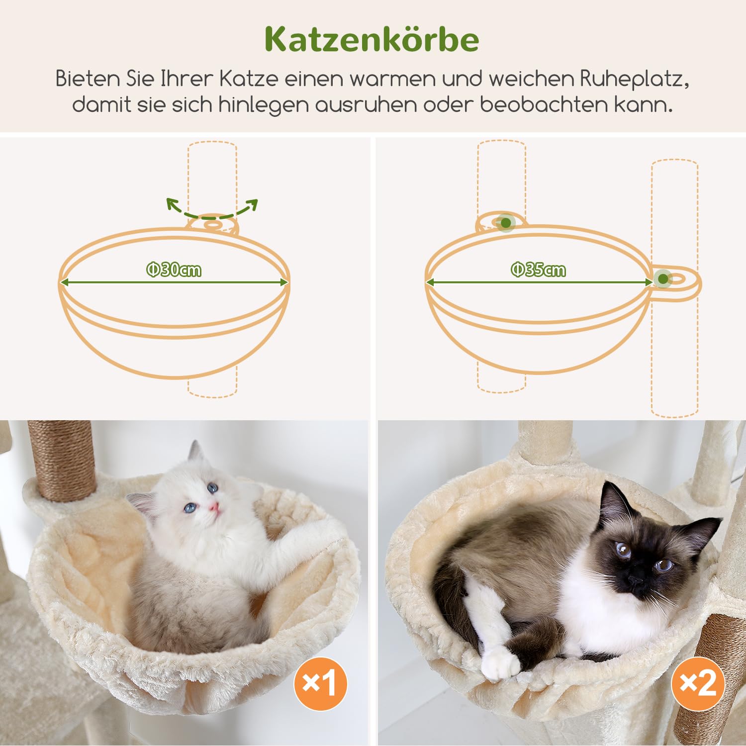 Globlazer F80F Kratzbaum Beige Große XXL 204 cm Stabil für 3-5 Groß Katze | Luxus Katzenbaum mit 3 Katzenhaus, 2 Große Plattformen,3 Weich Katzenkorb für 3-5 Erwachsene Katze Ausruhen Spielen Kratzen