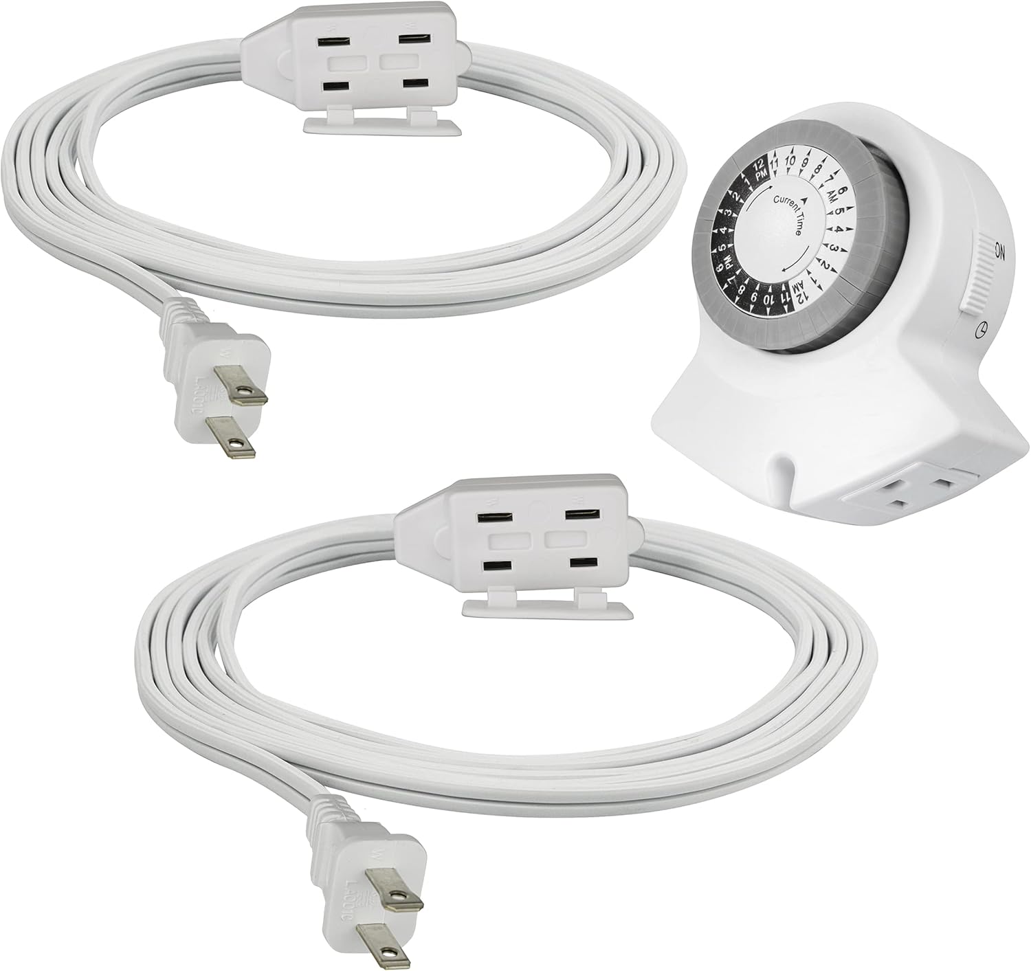 Clear Power 6 ft & 9 ft 3-Outlet Indoor Extension Cord White, 2 Prong Polarized Plug for Homes, Kitchens and Offices, 2-Outlet Indoor Mechanical Timer Included, DCTC-9501-DC