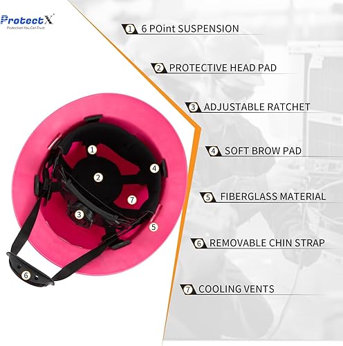 Miniatura 4 de ProtectX - Cascos de construcción de ala completa, ventilados, aprobados por la OSHA, con suspensión de 6 puntos, Cascos de construcción