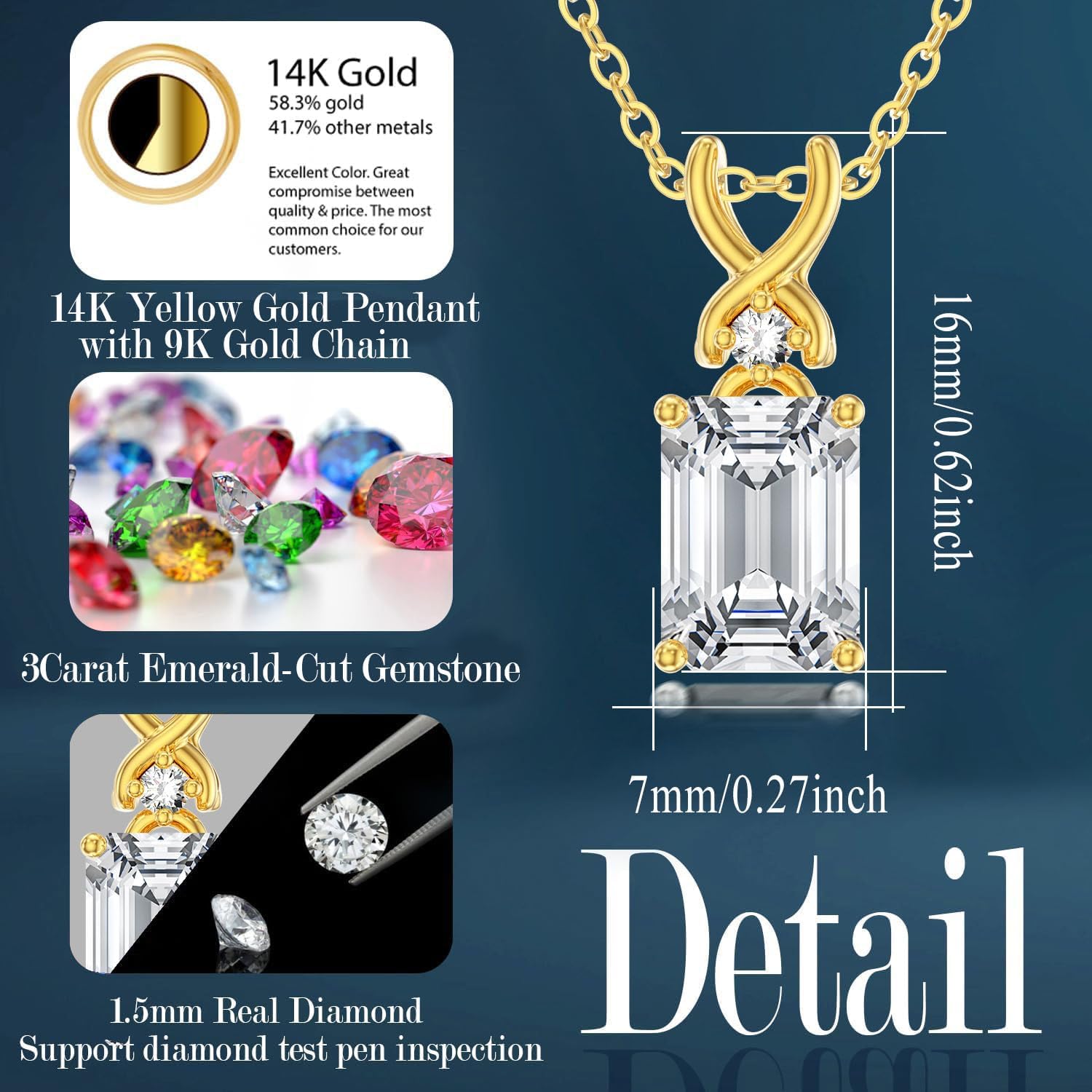 14k Gold Emerald-Cut Gemstone Birthstone Necklace with Real Diamond(I2-I3 Clarity),3 Carat Created Birthstone Anniversary Birthday Mother's Day Necklaces for Women Mom Her