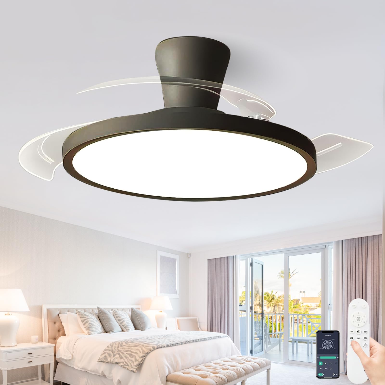 SXDMOUBK Intelligent Ceiling Fan Remote Control Silent Retractable Ceiling Fan LED Dimmable and Reversible Fan Lights Ceiling for Bedroom 6-Speed Fans for Living Room-Black||121cm