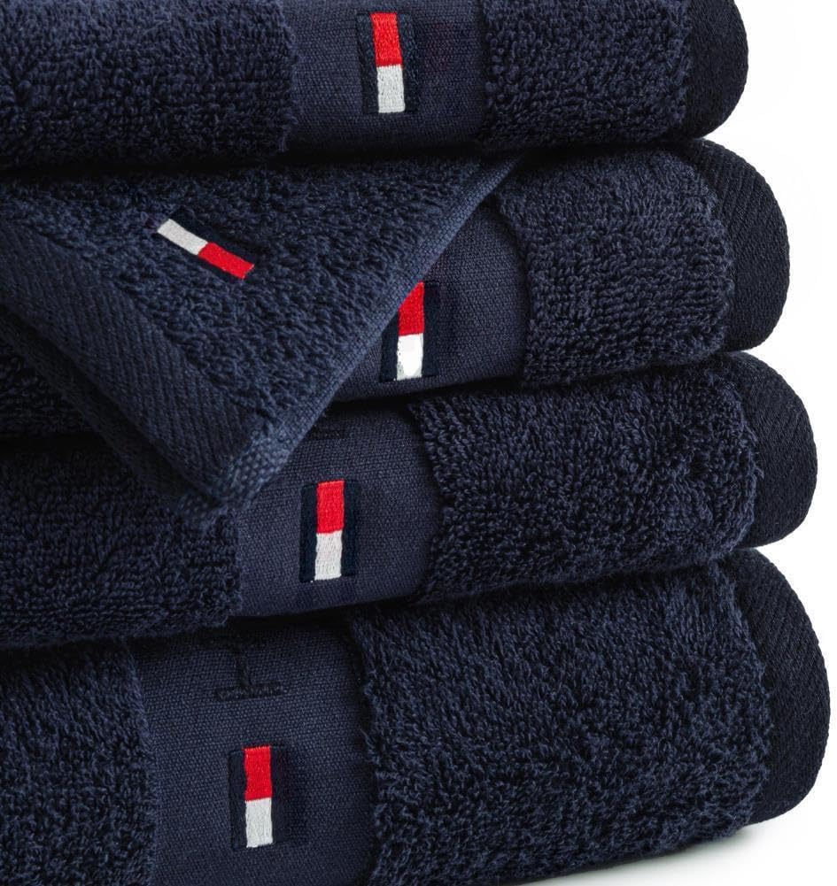 Tommy Hilfiger - Asciugamano da bagno, blu navy, spugna boucle, 520 g/m², 100% cotone pettinato, passamaneria jacquard e ricami, morbido e assorbente