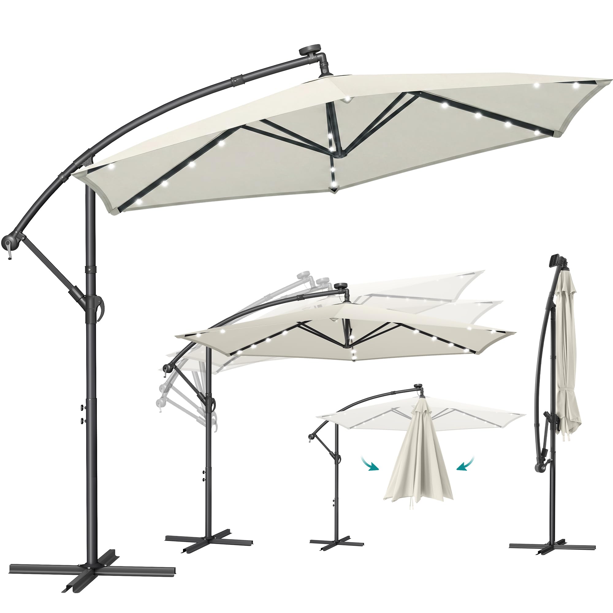 SONGMICS Ombrellone da Balcone con Illuminazione LED Solare, 32 Luci LED, con Base, Parasole UPF 50+, con Manovella, per Terrazza, Giardino