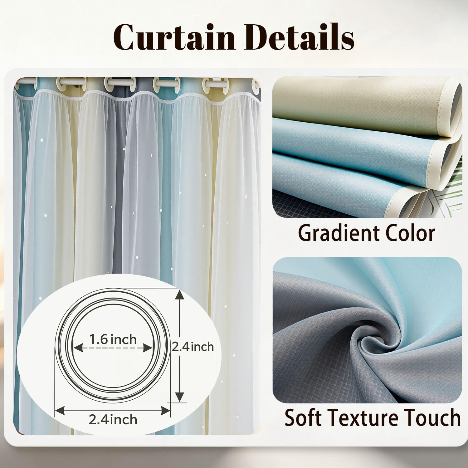 Rideaux Arc-en-Ciel Double Couche, Rideaux occultants dégradés avec étoiles Creuses,Beige,M