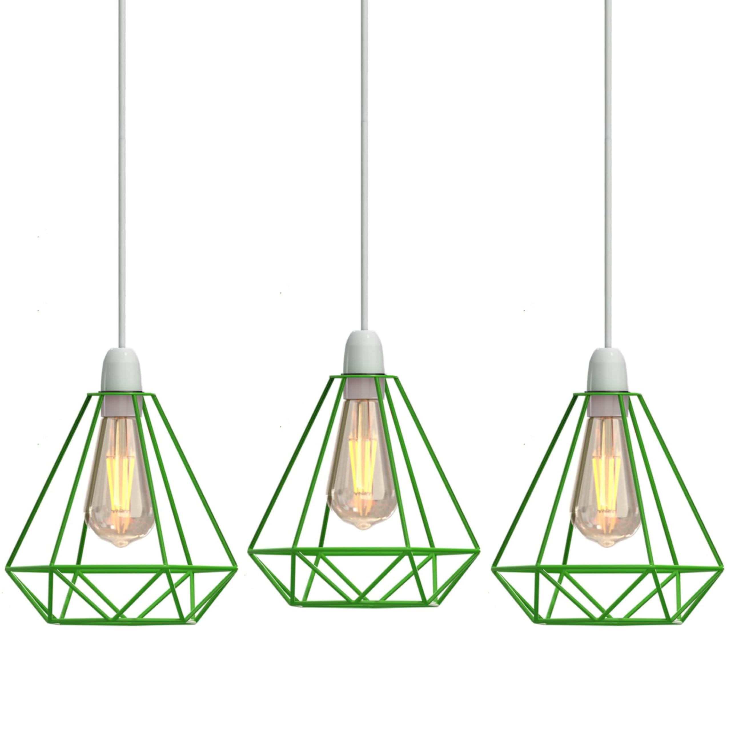 3 Pack Green Geometric Pendant Light Shades, Modern Diamond Metal Wire Lampshades for Ceiling Lights, Industrial Cage Design for Living Room, Bedroom, Kitchen, Café,(E27 Fitting, 14.5x20cm) — image 1