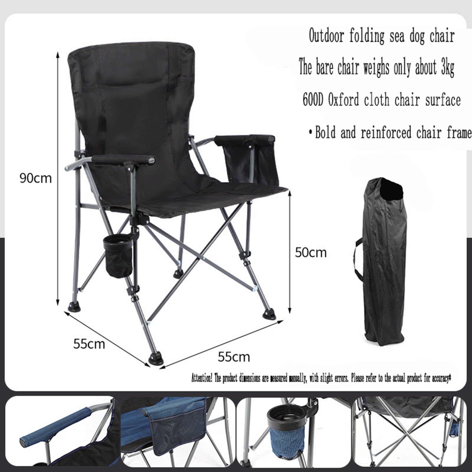 Chaise de Camping Pliable Surdimensionnée Portable avec Porte Gobelets et Accoudoirs Cadre Stable pour Extérieur Intérieur Camping Pêche Couleur Noir Gris B