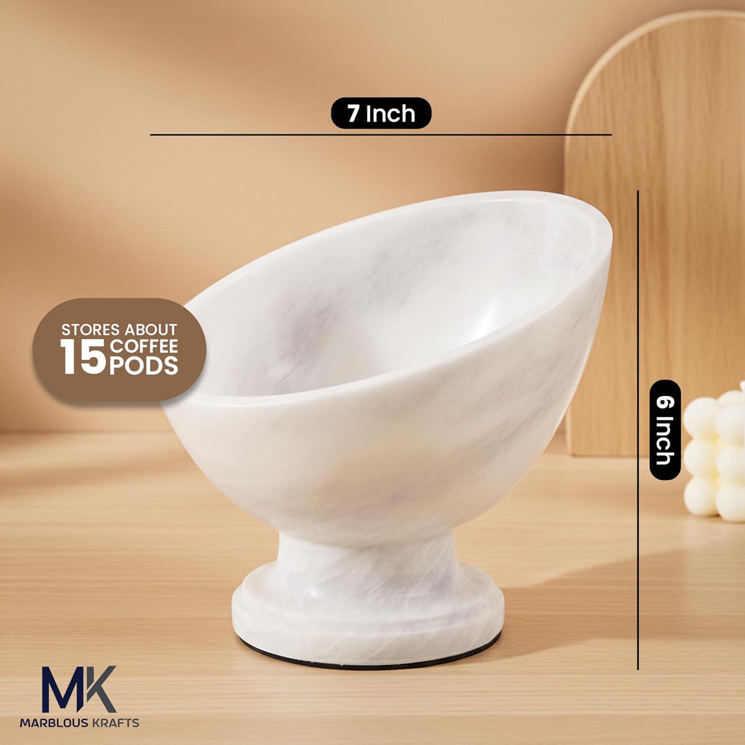 Marble Coffee Pod Holder White 7 Inch K Cup Storage Bowl for Coffee Bar Setup, Stylish Kitchen Organizer for Candy, Nuts, Fruit & Snacks Countertop