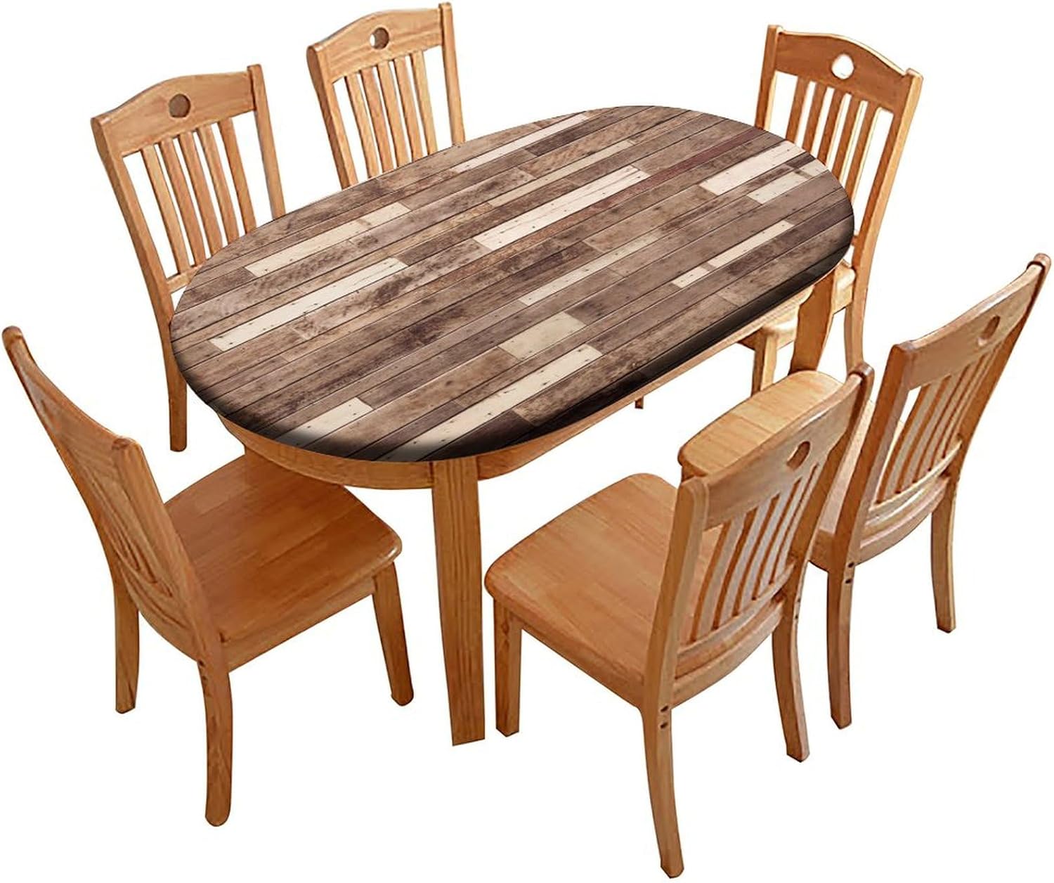 Fitted Oval Elastic Edge Tablecloth, Brown Wood Grain Table Cloth, for Indoor Restaurant or Outdoor Patio Party Dining, Fits for 48" x 68" Oval Table