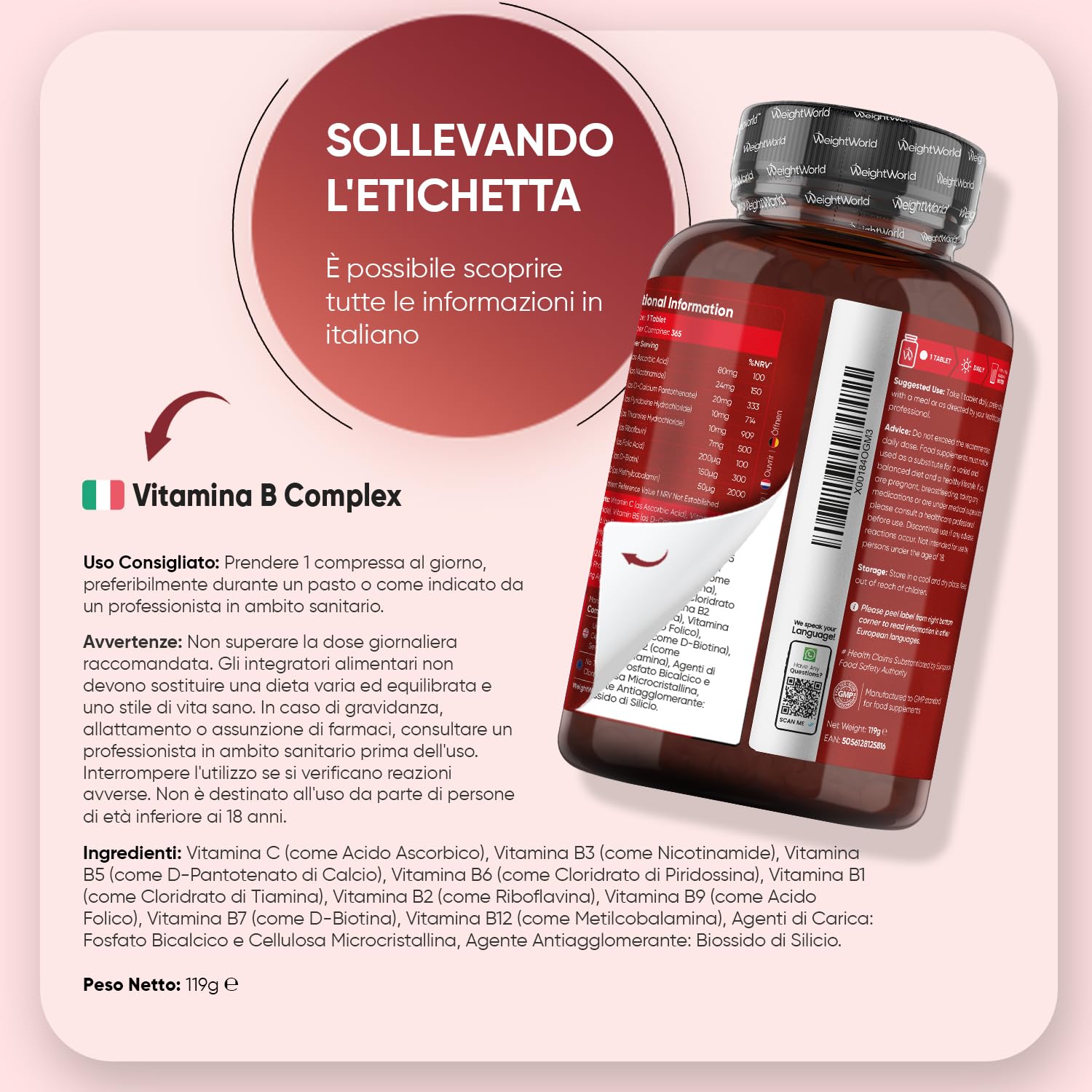Vitamina B Complex, 365 Compresse Vegane, 1 al Giorno (1 Anno), con Biotina, Acido Folico, Riboflavina, Inositolo, Vitamina B12, B1, B3, B4, B5, B6 e Vit C (Acido Ascorbico), Senza Magnesio Stearato