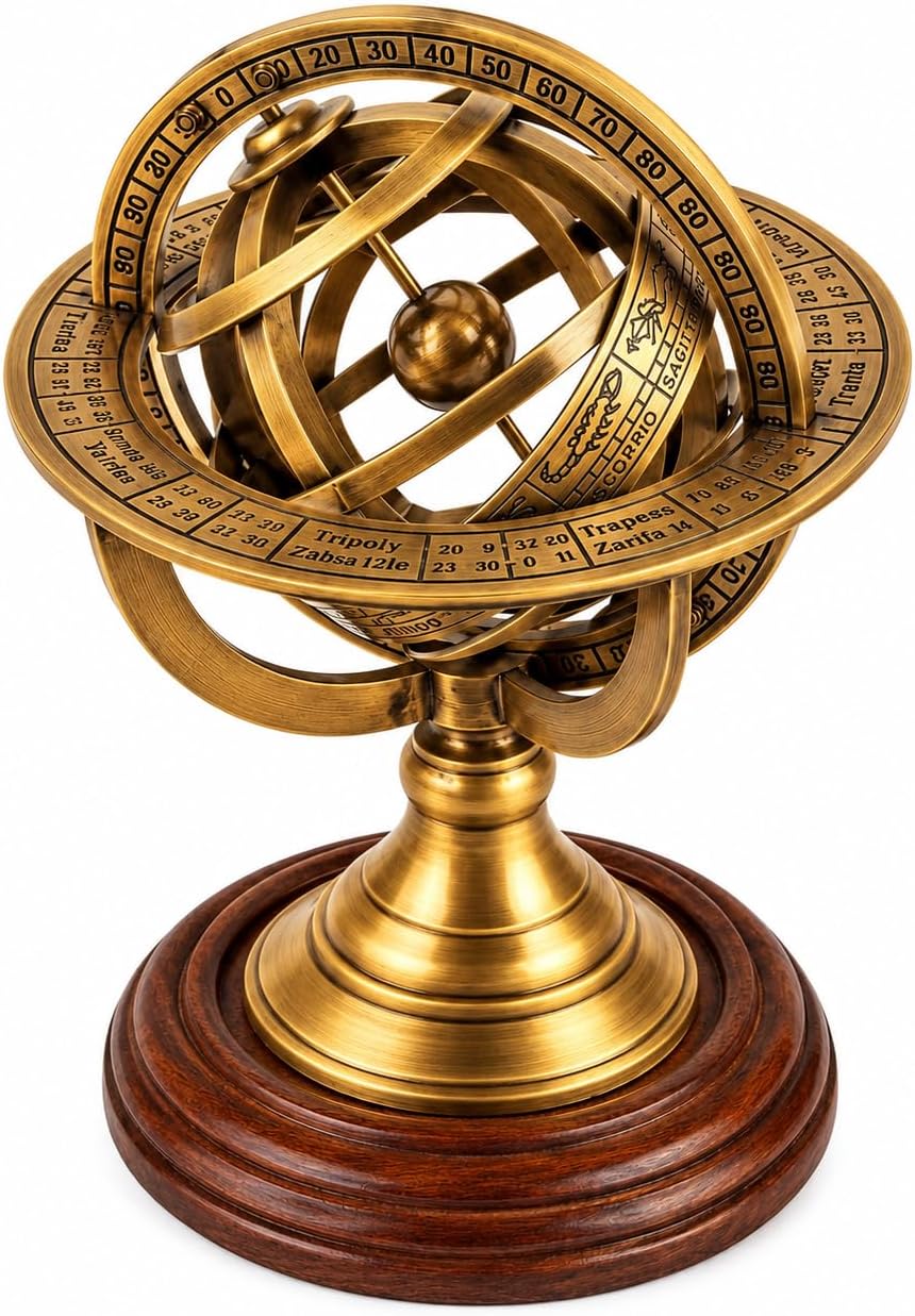 5" Nautical Brass Armillary Sphere World Globe Rosewood Base Table Decor Gift