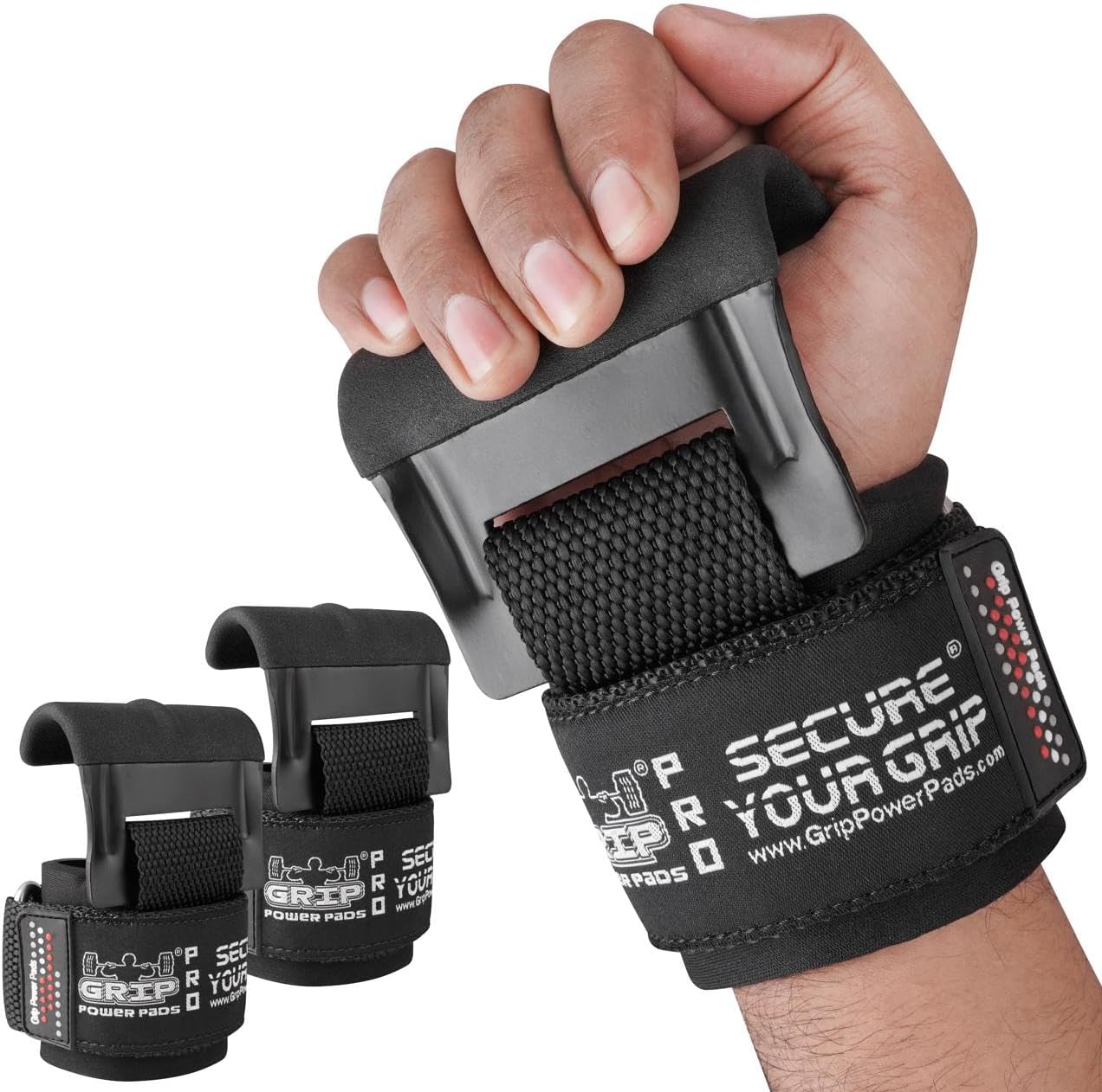 Heavy Duty PRO Metal Lifting Steel Hooks Power Weightlifting Set of 2 Premium Thick Padded Workout Hook Gloves (Men-Wrist Size Large, Patented Reversed Hooks Big Grip)