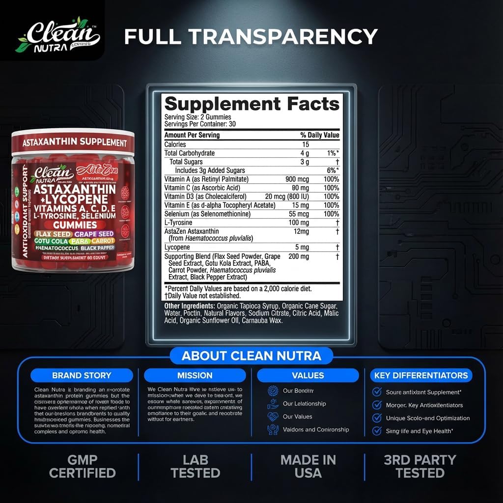 Clean Nutraceuticals AstaZen Astaxanthin Gummies 12mg - with Lycopene, Vitamins A C D E, L-Tyrosine & Selenium - Antioxidant Support Gummies - 60 Count