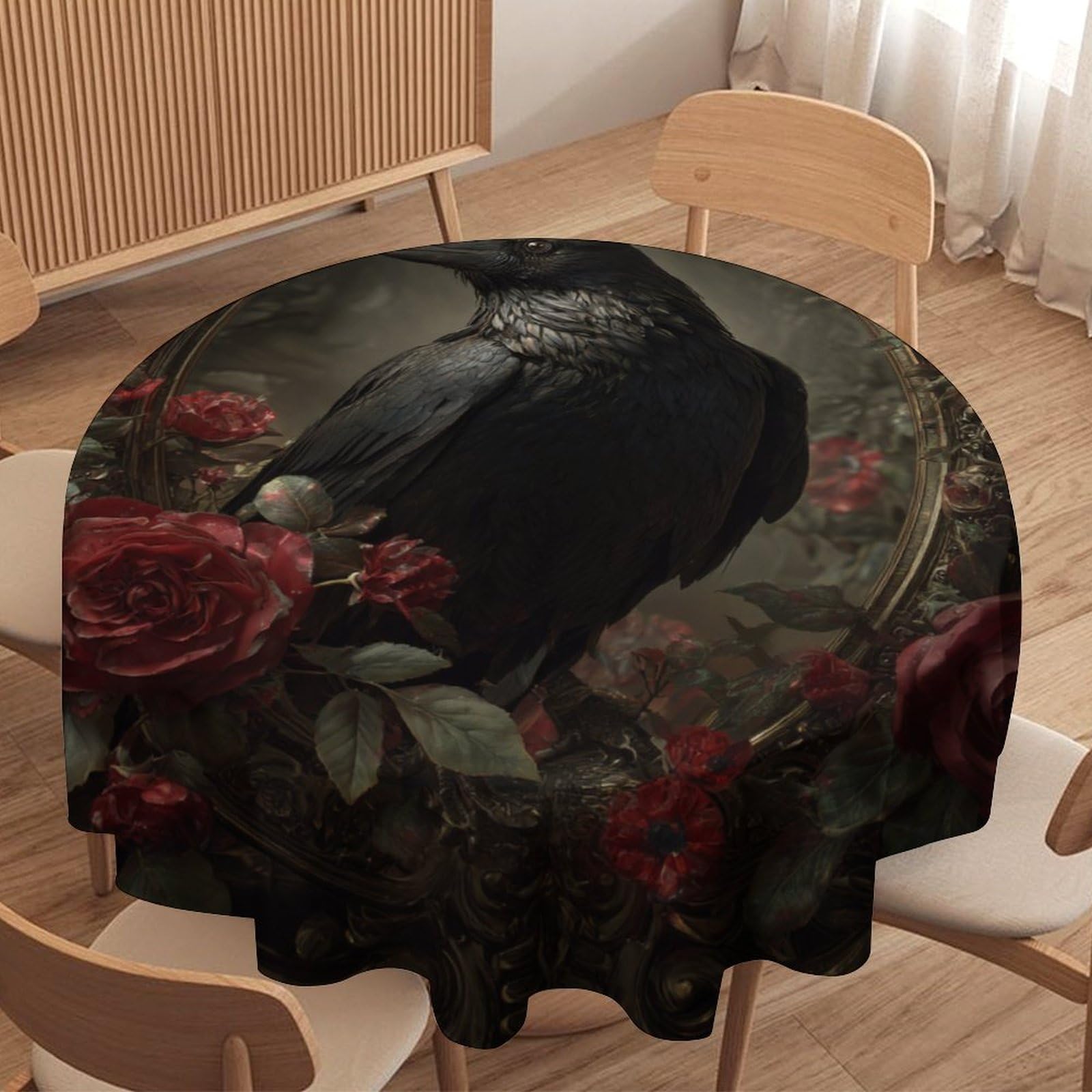 LUYYSKY Beautiful Classic Animal Raven Waterproof Round Tablecloth Retro Gothic Plant Roses Floral Pattern Washable Table Cover for Kitchen-127 Wx127 L cm