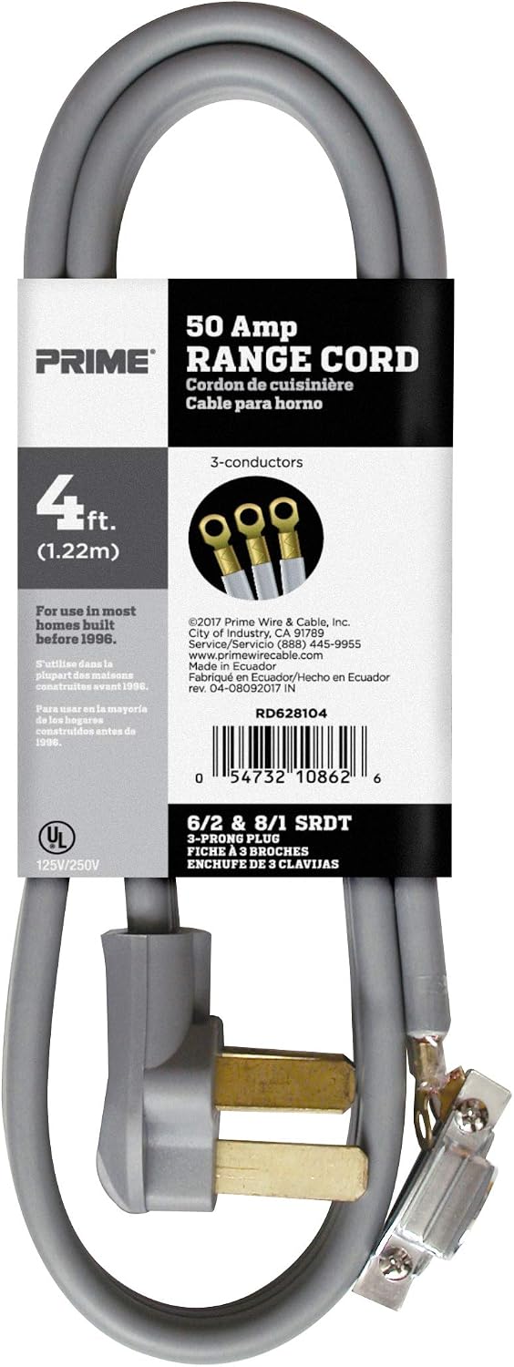 Prime RD628104 3-Pole 3-Wire SRDT 50A 125/250-Volt Range Cord, Gray, 4-Feet