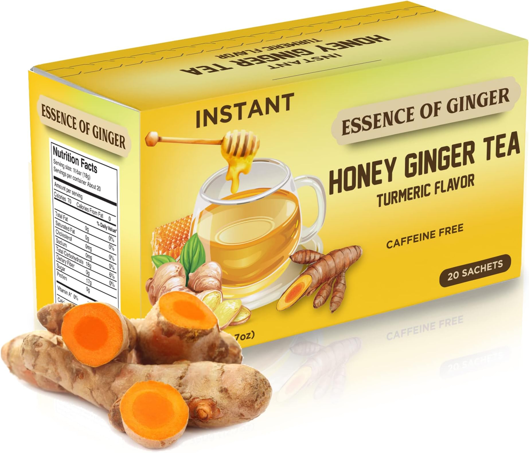Premium Honey Ginger Crystals Turmeric Beverage 20 Packets Instant Herbal Tea Bags Pure Honey, Fresh Ginger, Turmeric Root Caffeine Free Blend