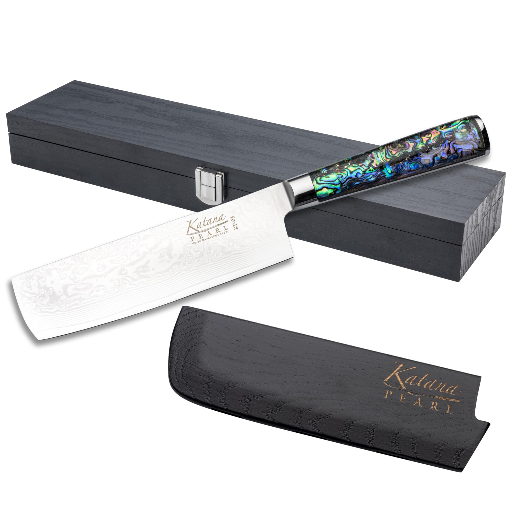 Katana Saya Pearl 18cm Nakiri Knife, Japanese 67-Layer VG-10 Damascus Stainless Steel, Kitchen Knife, Acrylic Handle with Abalone Pattern, Japanese Style
