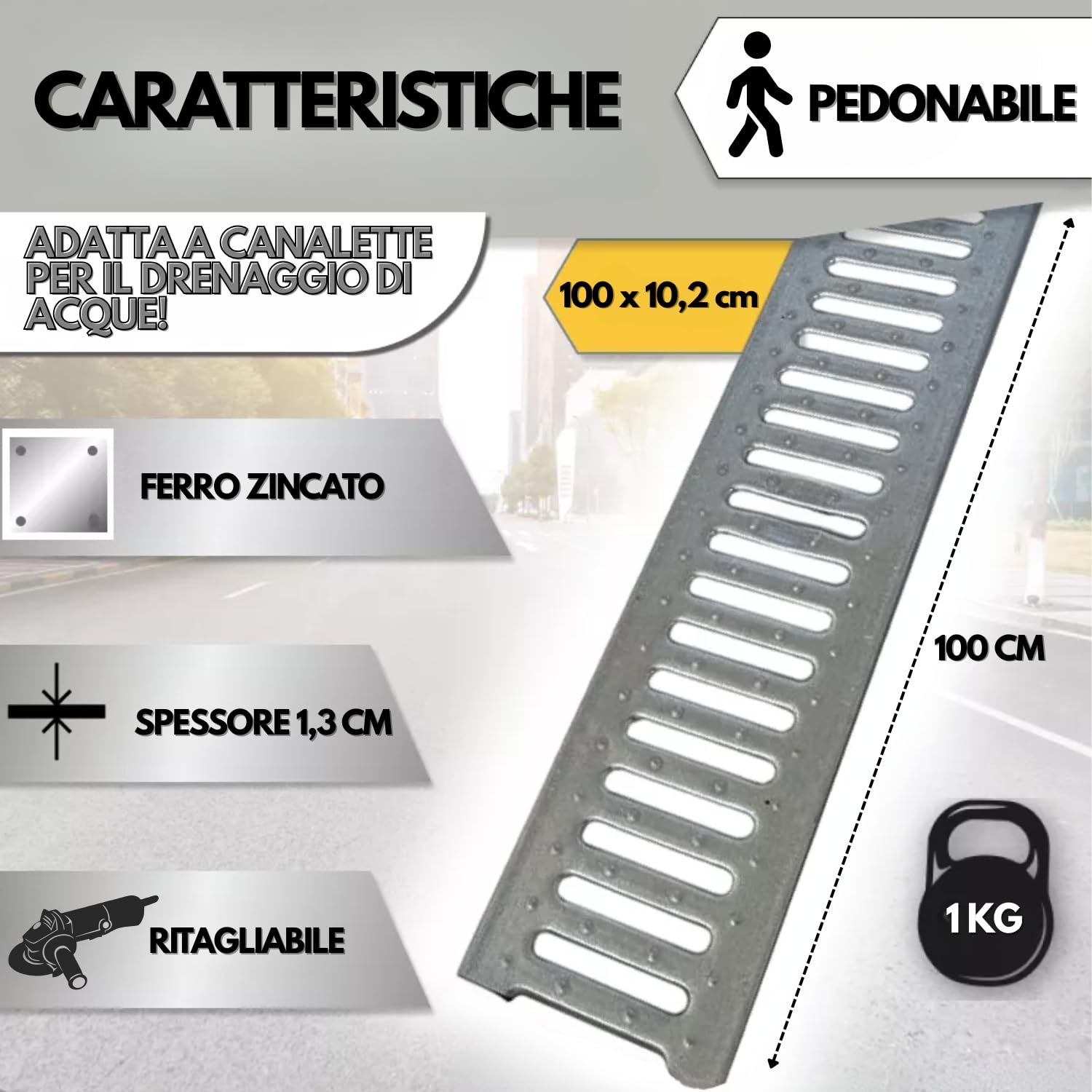 Griglia Zincata per Canaletta A15 Calpestabile 100 x 10,2 x 1,3 cm Scolo Drenaggio Acque Pedonabile Uso Domestico Professionale