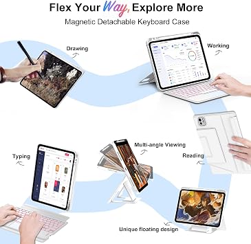 Keyboard Case for iPad Air 13 Inch (M4/M3/M2) & iPad Pro 12.9 inch (3/4/5/6th Gen), Magnetic Detachable Touch Keyboard, 7-Color Backlit, Protective Case with Pencil Holder, Adjustable Stand, White