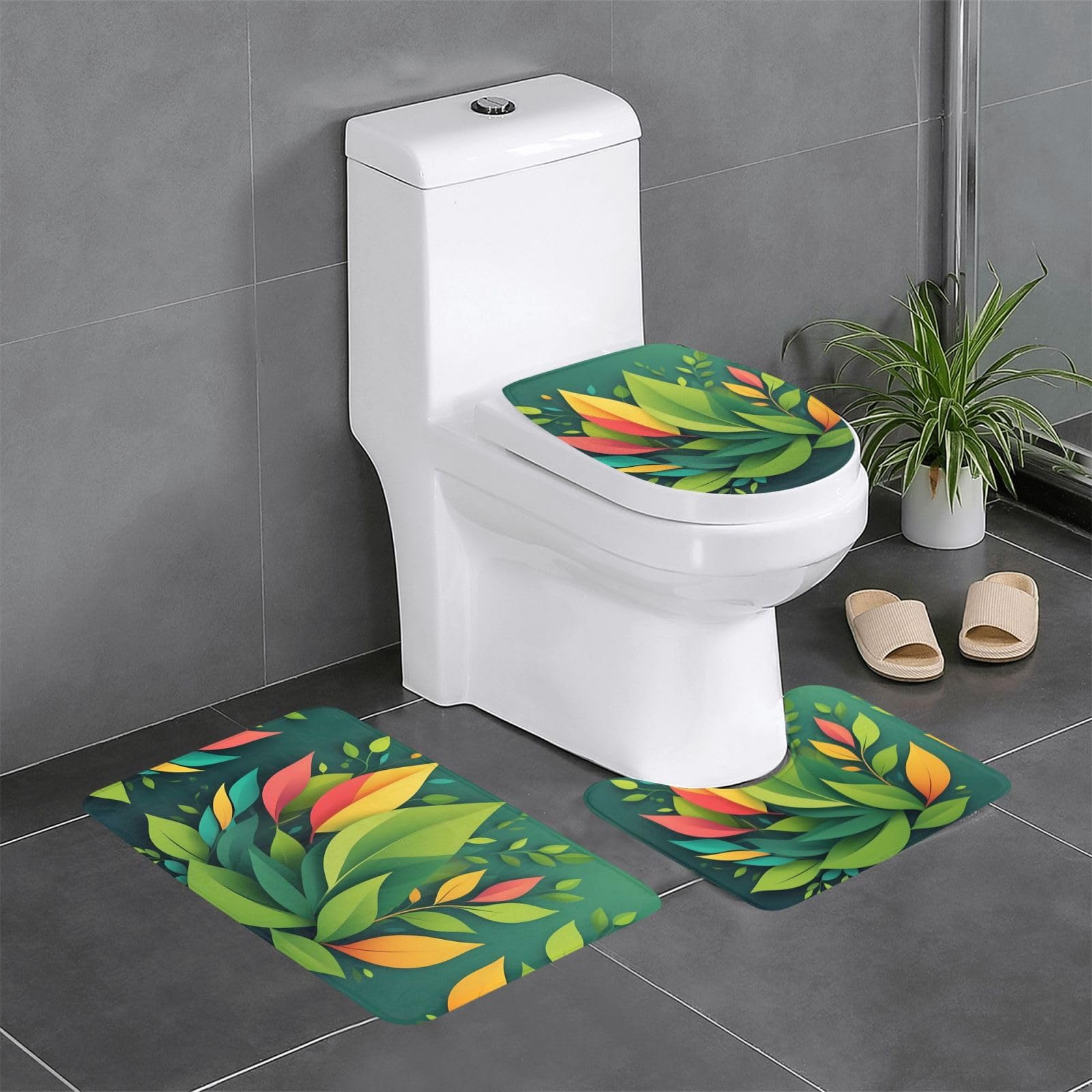 Tapis de salle de bain antidérapant pour WC et meuble-lavabo au motif feuilles fraîches