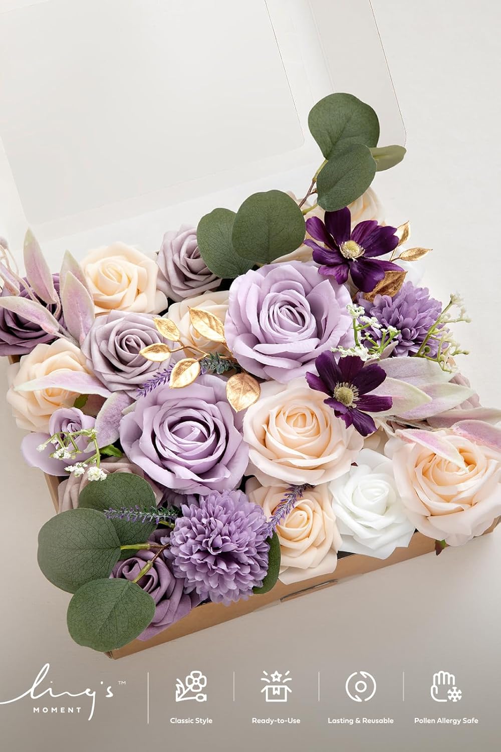 Ling's Moment Fake Flowers Box, Faux Artificial Greenery Stems Foam Roses Silk Eucalyptus Fabic Flower for Centerpieces Bouquet Wedding Vase Floral Arrangements Decorations, Lilac & Cream, Grand Combo - Image 5