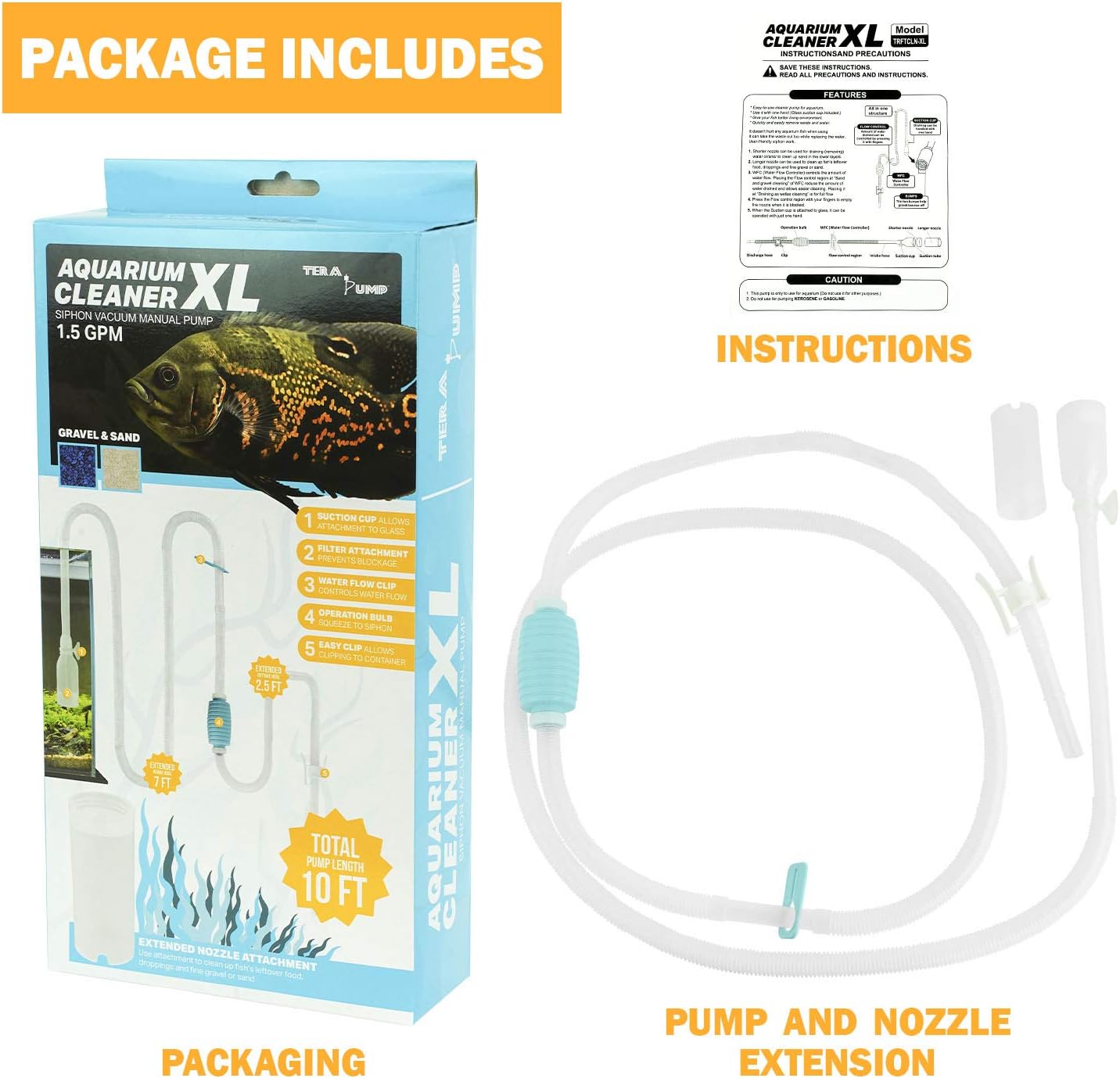 TERA PUMP 2 Pack Extra Long 10 FT Fish Tank Gravel Cleaner Siphon - Manual Water Pump for Aquariums 10 Gallons - BPA-Free Water Change Siphon Hose