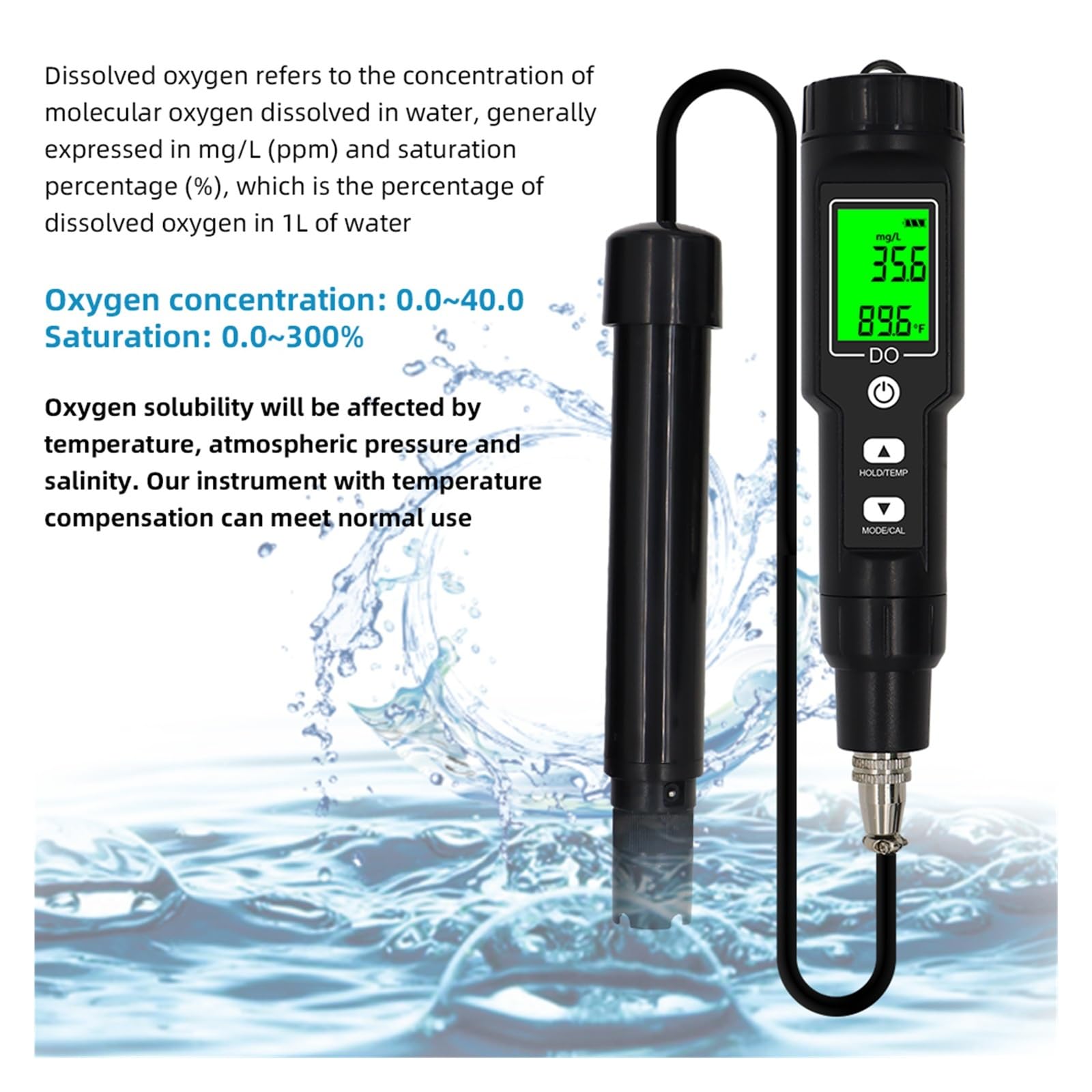Medidor Digital de disolución (0,0-40,0 l/l), Resistente al Agua, ATC, 0,0-300,0% de oxígeno disuelto, Detector de Calidad del Agua.