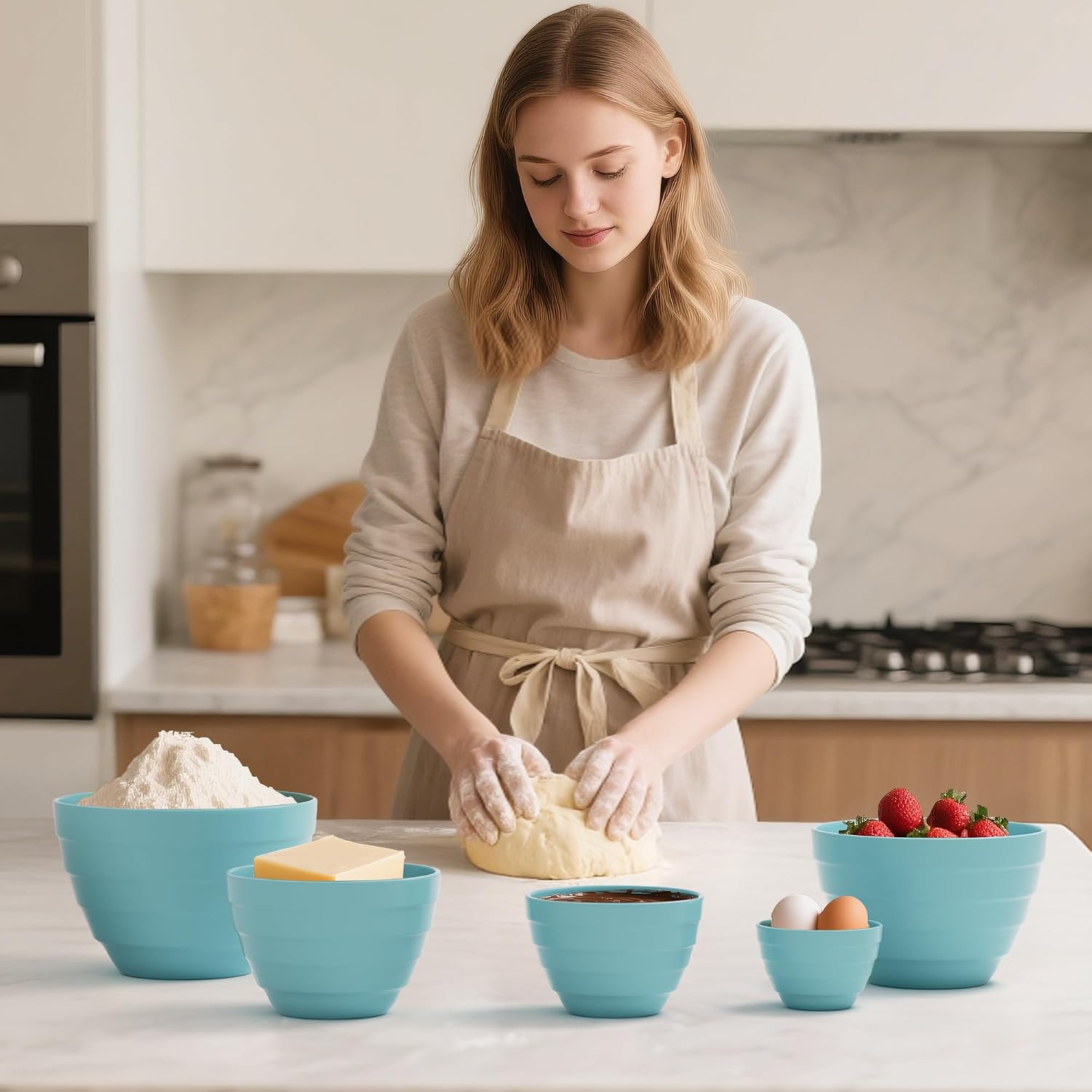 TP Mixing Bowls with Lids, 10-Piece Nesting Melamine Bowls Set for Prepping Serving Baking Cooking, Non Slip Bottom, Set of 5, Teal image 5