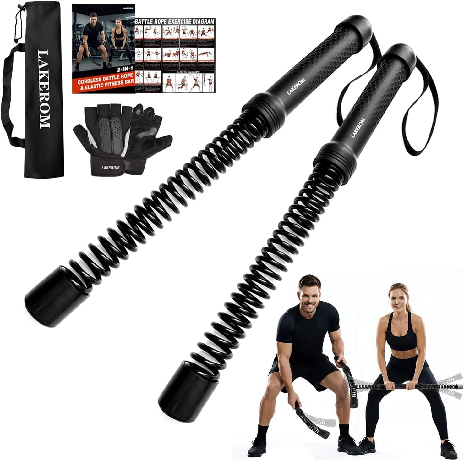 Ropeless Battle Ropes (2-in-1) Elatic Fitness Bar,Cordless Battle Ropes Sticks with Exercise Guide,Portable Home Gym Equipment for HIIT,Strength Low-Impact Workouts for Men & Women Black
