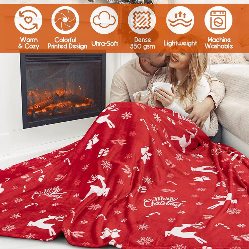Coperta Natalizia Morbida In Flanella - 150x100 Cm, Con Motivi Albero Di Natale E Cervi Retrò, Per Divano, Letto E Feste