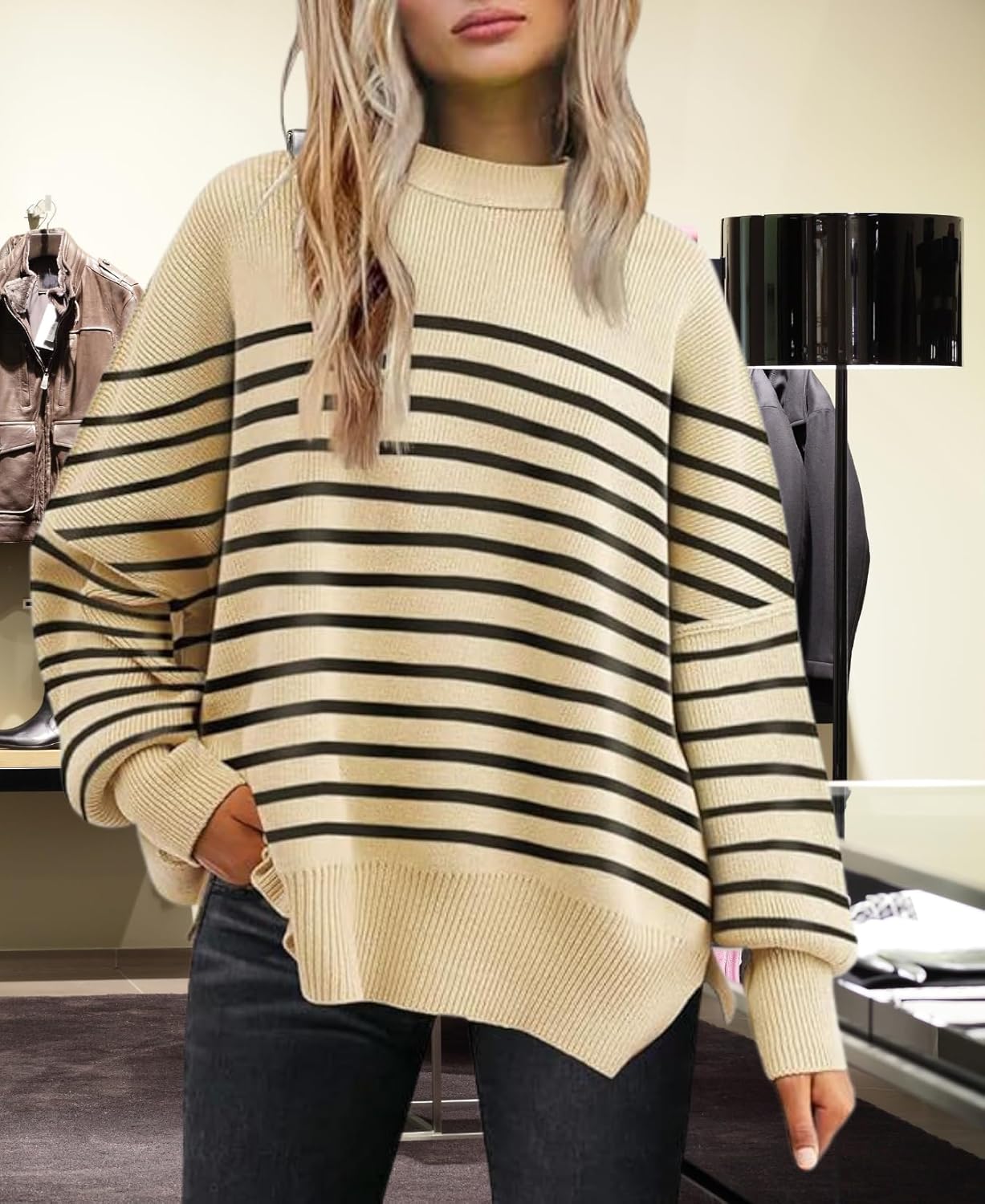 Women's Batwing Sweater Oversized Knit Pullover with Side Slits Fall Casual Crewneck Top for Fashion Outfits - Image 2