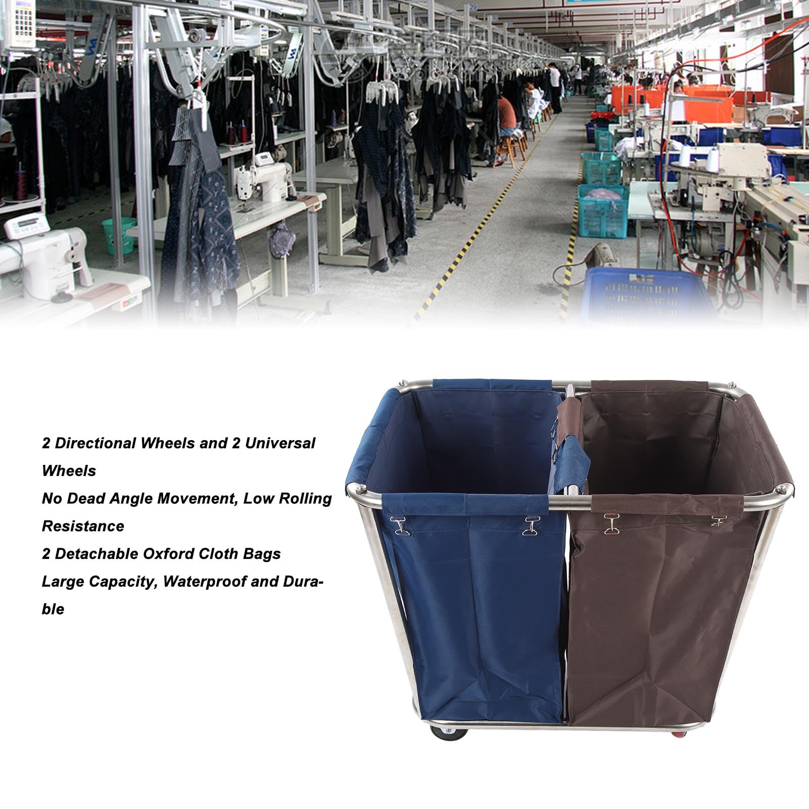 FLEXMAN 2 Bags Laundry Cart, 350L Rolling Hamper Oxford Cloth Bag Large Capacity Dry Wet Sorter Laundry Basket with 4 Silent Wheels for Home Commercial Use Dormitory Home