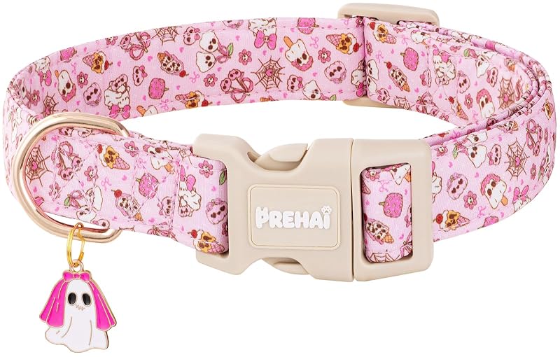 Coleira para cães de algodão com estampa de caveira rosa e laço PREHAI tamanho M