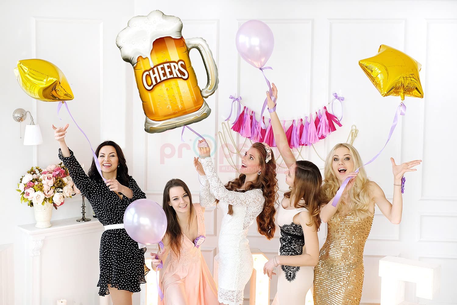 Propsicle 36" Large Helium Foil Beer Mug Balloon with Cheers Text for Birthdays, Anniversaries, or Bachelorette Parties - Golden and White - Pack of 1 3