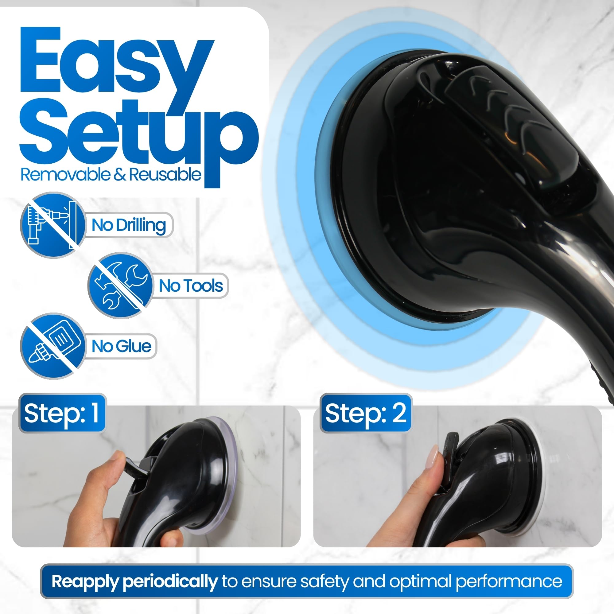 Safe-er-Grip Changing Lifestyles - Barra de ayuda de equilibrio con ventosa para bañeras y duchas; mango de seguridad para baño, color negro, 12 pulgadas