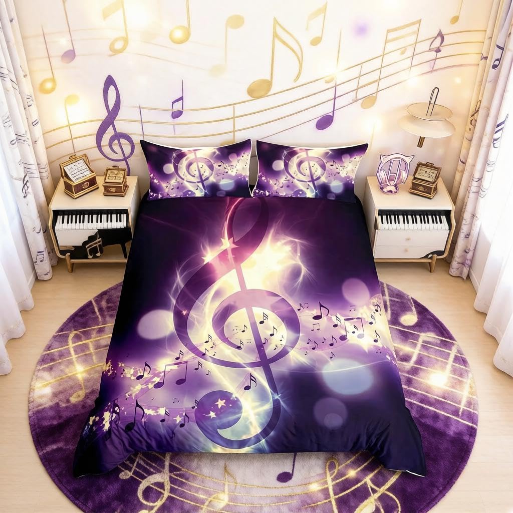 Loussiesd Music Notes Bedding Set Single,Musical Theme Duvet Cover Gold Shiny Pattern Comforter Cover,Kids Adult Soft Microfiber Fashion Bedding Quilt Cover Decorative 2 Piece,Purple — image 1