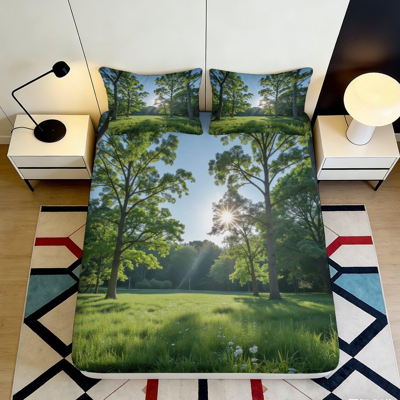 Jqzkxnhpbr Style-5 3D Printed Forest Sunrise Fitted Sheet Microfiber Soft Green Nature Trees Bed Cover For Bedroom Guest Room Decor 90X200x25cm