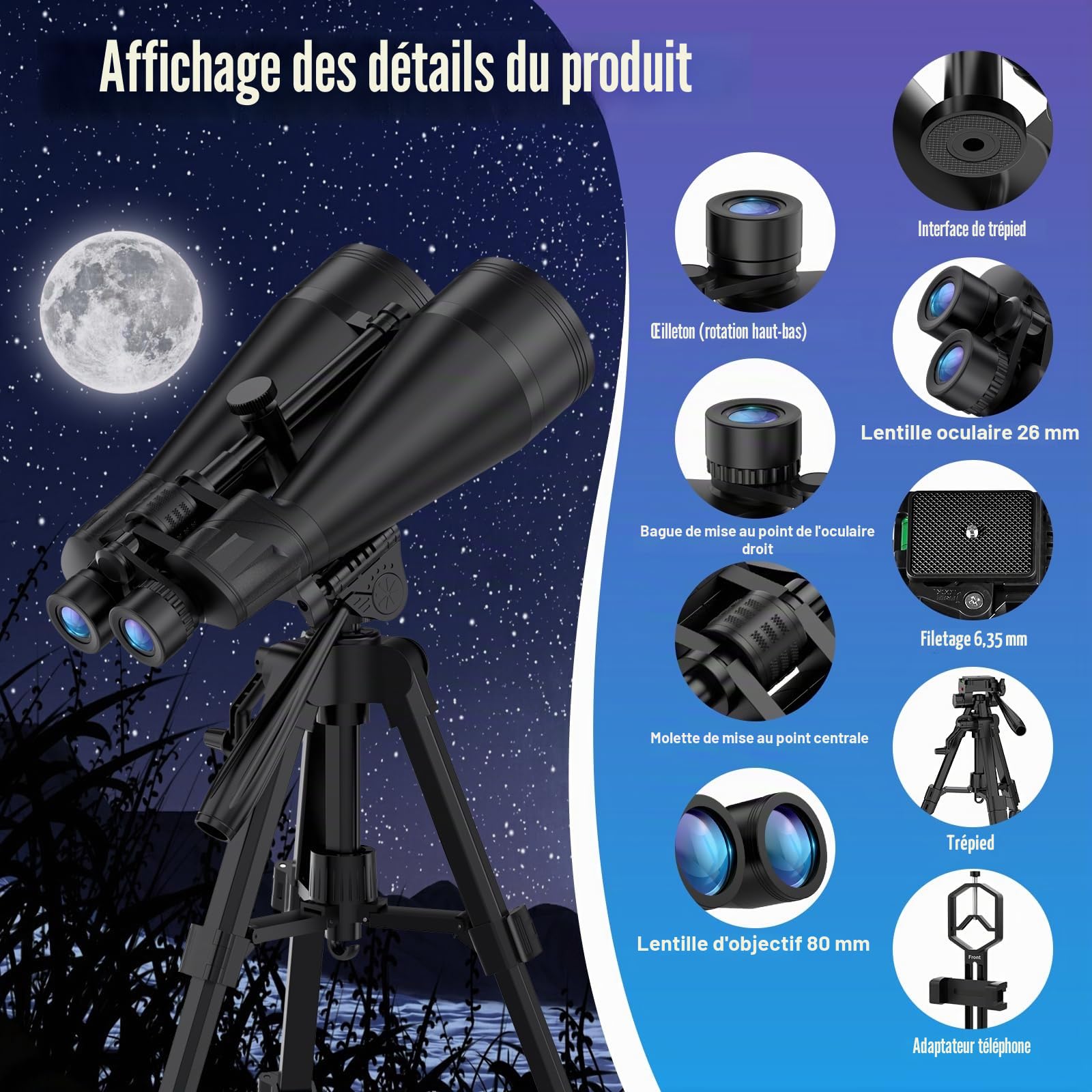 Jumelles 20x80 Adultes BAK4 FMC pour Astronomie avec Trépied | Observation du ciel et de la nature | Image lumineuse | Usage stable | Étui inclus