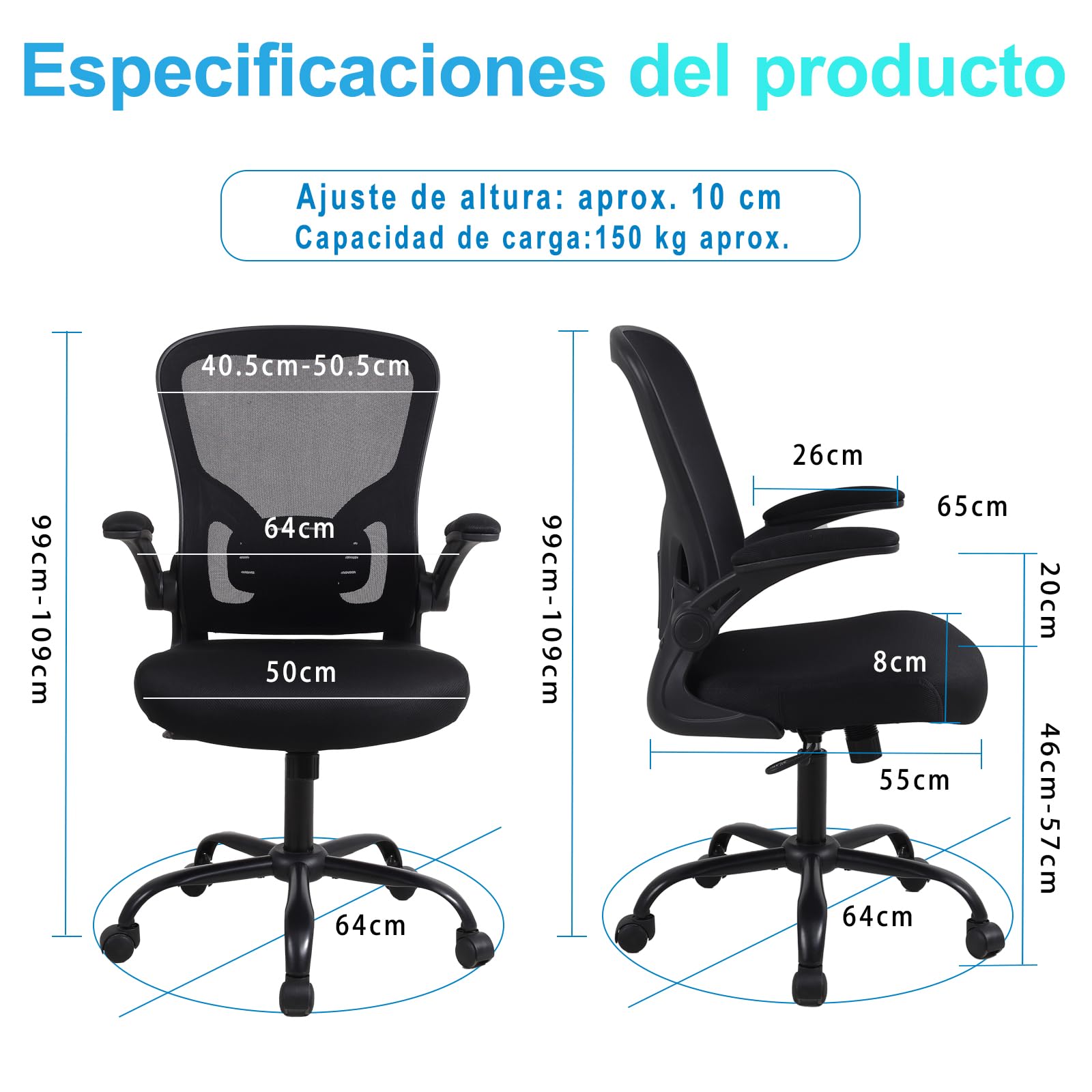 Youhauchair Silla Oficina con Reposabrazos Abatibles, Negra | Silla Ergonomica Escritorio de Malla Transpirable, Reposabrazos Abatibles, Soporte Lumbar, Capacidad máxima 150KG