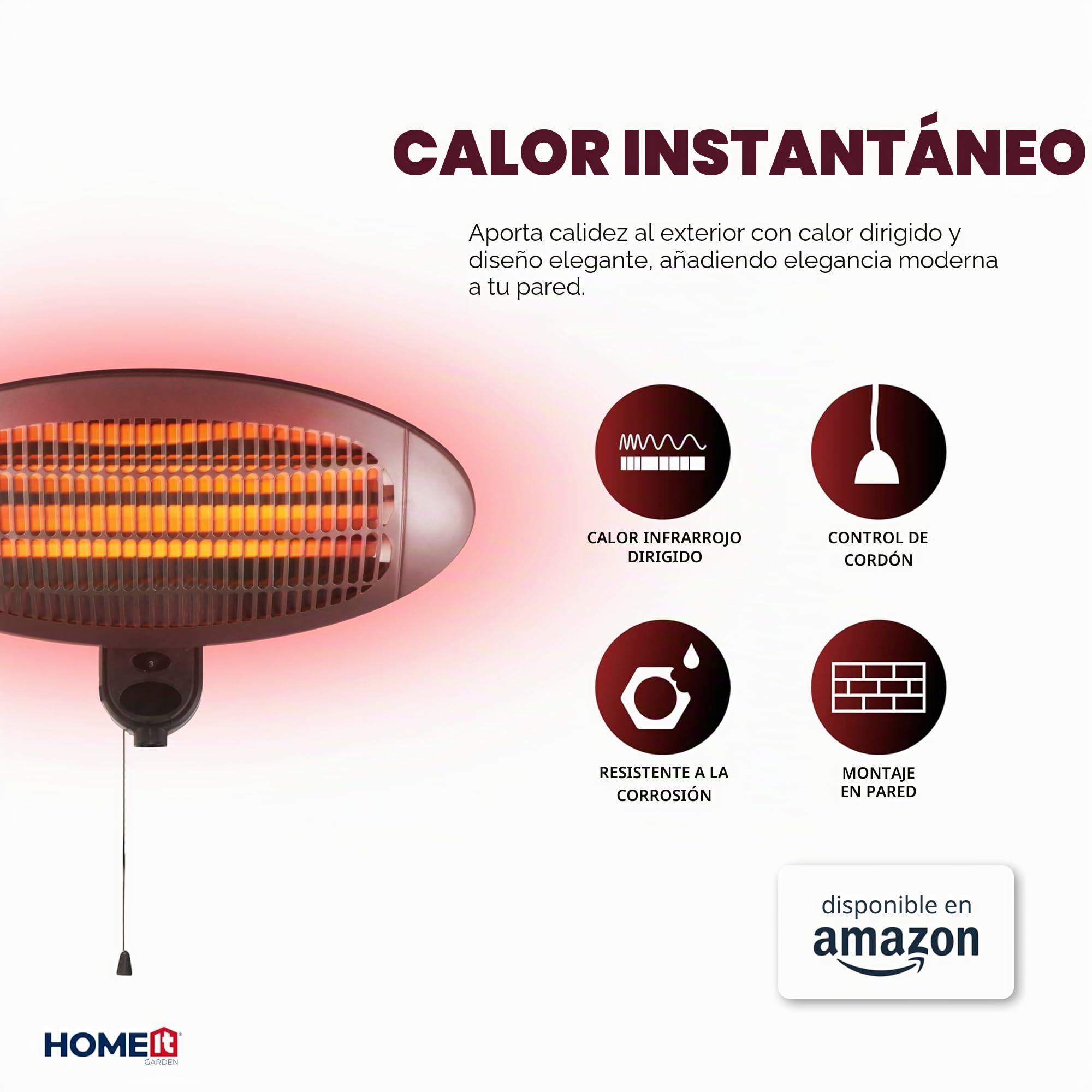 HOME It® Calefactor de Patio Infrarrojo para Montaje en Pared – 3 Niveles de Potencia, 2000W, IP34 Resistente a Salpicaduras, Tubos de Cuarzo, Control con Cuerda, Carcasa de Acero