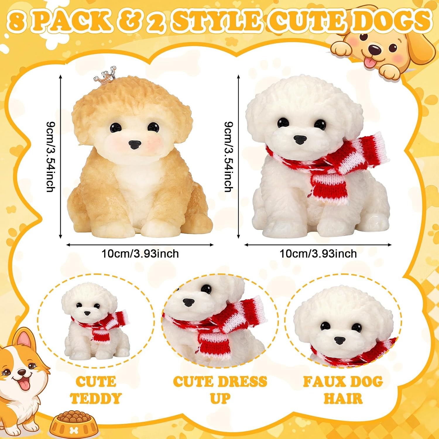 8 Pcs Large Taba Cute Squeeze Dog Sensory Play Things Big Squeeze Puppy Ultra Soft Silicone Teddy Dogs Handmade Non-Toxic Stress Relief Play Things for Autism Anxiety Relief, Yellow White